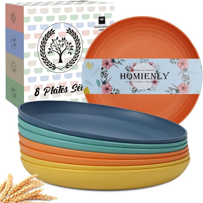 Deep Dinner Plates Set of 8 Alternative for Plastic Plates Microwave and Dishwasher Safe Wheat Straw Plates for Kitchen Unbreakable Salad Plate with 4 Colors (Colorful, 11 inch)