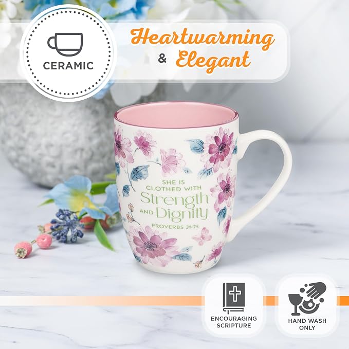 Christian Art Gifts Inspirational Ceramic Coffee & Tea Mug for Women: Strength & Dignity Encouraging Bible Verse Proverb, Microwave & Dishwasher Safe, White, Pink & Fuchsia Floral, 12 oz. (Pack of 2)