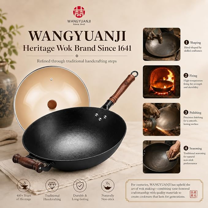 WANGYUANJI 12.6 Inch Round Bottom Cast Iron Wok with Glass Lid, Chinese Stir Fry Pan for Gas Stove & Open Flame, Uncoated Clay-Mold Texture, Wok Ring Required, Seasoning Needed