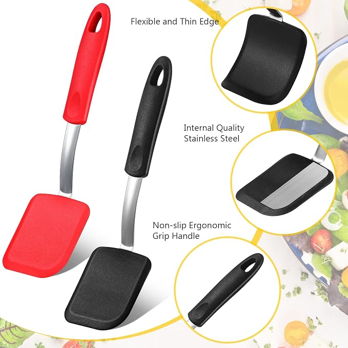 Silicone Cookie Spatula Turner 2 Pack Mini Brownie Spatula Flexible Kitchen Small Silicone Turner for Nonstick Cookware Heat Resistant No Scratch Flipper for Egg(Solid Flat,Black, Red)