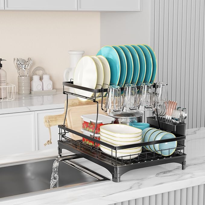 Simple Trending Dish Drying Rack, 2-Tier with Utensil Holder, Black | Stainless Steel Dish Rack for Kitchen Counter, Large Capacity Dish Drainer Organizer, Automatic Drainage, 17"D x 12"W x 15"H