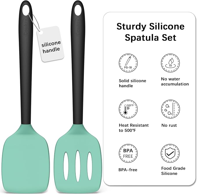 Coukre 2 Pack Silicone Spatula Set,High Heat Resistant, BPA-Free | Dishwasher Safe Kitchen Spatula for Nonstick Pans, Solid & Slotted Turners for Cooking, Sautéing, and Flipping,AquaGreenBlack