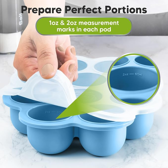 KeaBabies Silicone Food Freezer Trays with Lid, 2oz x 10 Pods (Misty Blue) | Baby Food Storage Containers, Easy Puree Meal Prep, Breast Milk Silicone Freezer Molds, Dishwasher, Microwave Safe, BPA-Free