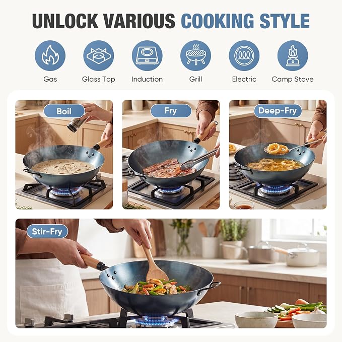 Sweetcrispy 13.5 Inch Carbon Steel Wok Pan, Pre-Seasoned Flat Bottom No Chemical Coating Pow Wok, Compatible with Induction, Electric, Gas and Open Fire, Ideal for Home Cooking and Camping, Blue