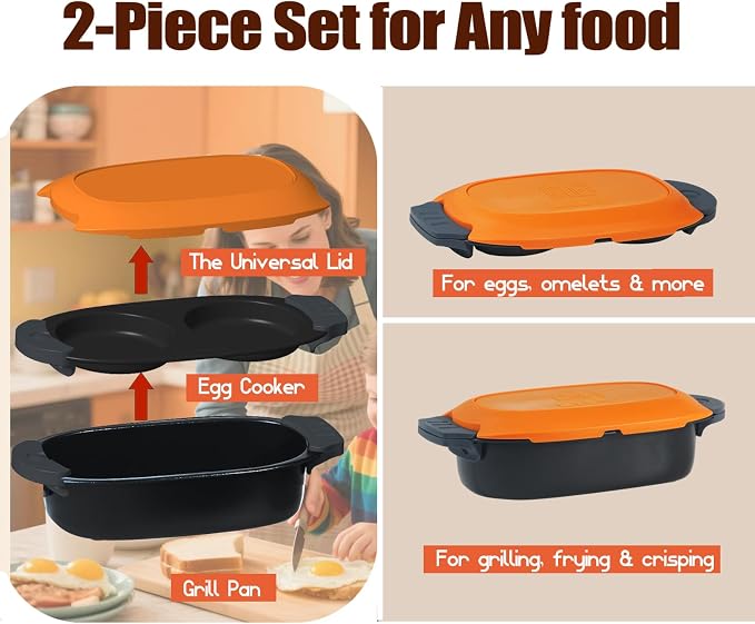 MKYSAIL Quick-Heat Microwave Egg Cooker and 33 OZ Microwave Grill Combo | 2-Piece Breakfast Maker Set for Grilling,Crisping,Bacon,Pancakes & Veggies,Dishwasher Safe,Non-Stick for RV,Dorm,Gift(Orange)
