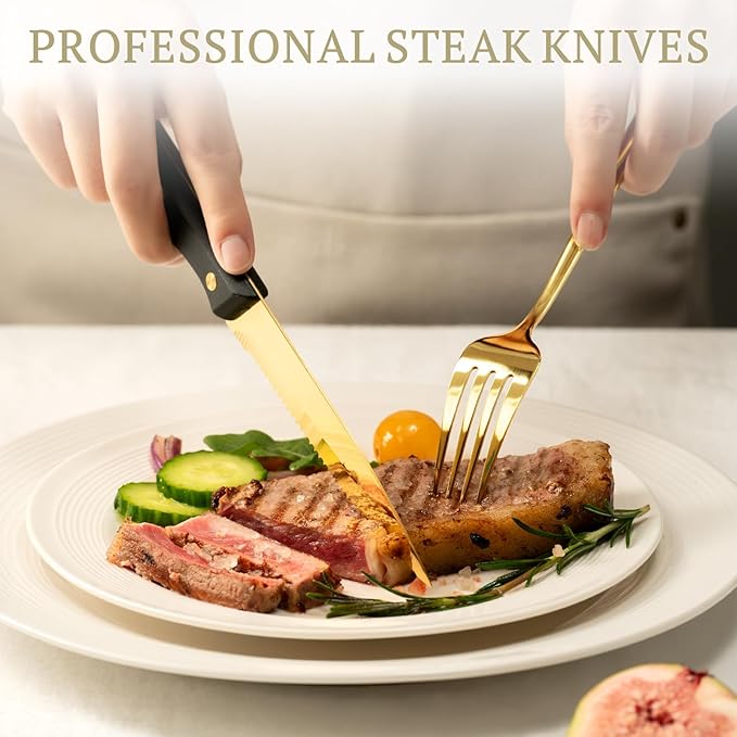 Astercook Silverware Set 48-Piece Gold Flatware Set with Steak Knives Food-Grade Stainless Steel Cutlery Set for 8 Mirror Polished Utensils Set Include Spoons and Forks for Home Kitchen Restaurant