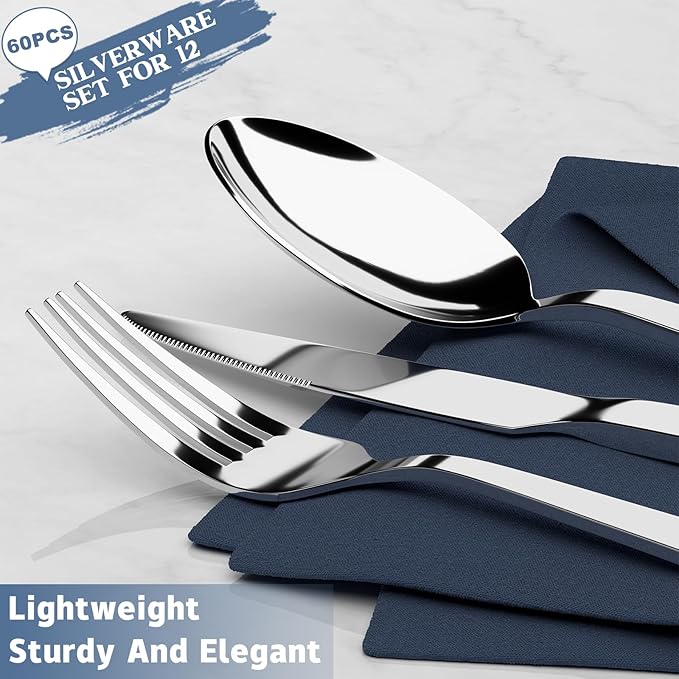 Yoehka 60 Piece Silverware Set, Stainless Steel Flatware Set for 12 | Heavy Duty, Mirror Polished Cutlery Set, Include Spoons/Forks/Knives, For Home Restaurant Hotel, Dishwasher Safe