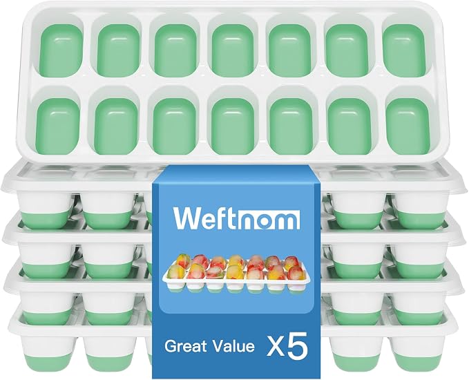 Ice Cube Trays with Lids for Freezer, 5 Pack Silicone Set, 70 Cubes | Easy-release silicone, stackable removable lids, BPA-free & dishwasher safe; for coffee, whiskey,cocktails, juice & baby food
