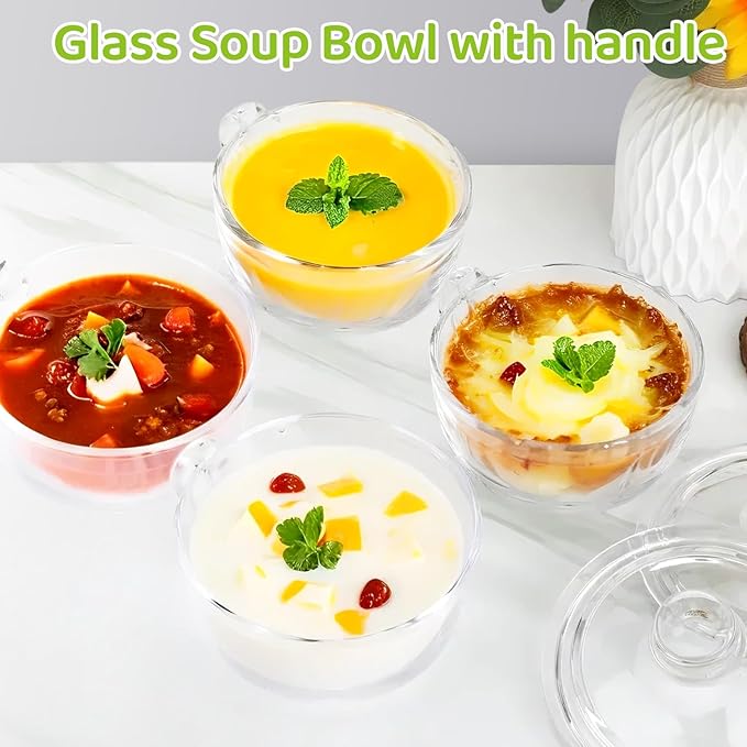 Clear Soup Bowls with Handle and Glass Lid Microwave Round Bowls Glass Cereal Cup Mug Mixing Bowl Insulated Oatmeal Bowl for Breakfast Rice Salad Fruit Yogurt,1 Pack