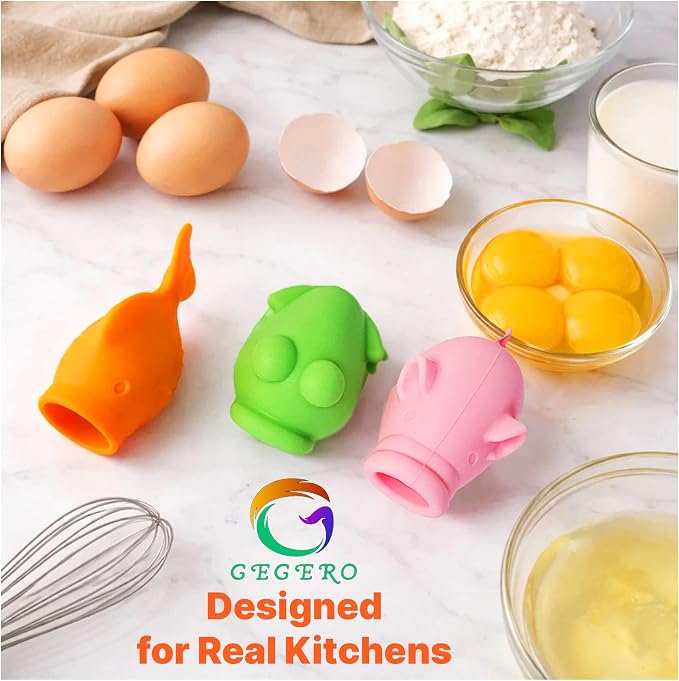 Egg Yolk Separator, Food Grade Silicone, Dishwasher Safe Kitchen Gadget for Cooking/Baking. Swallow and Release Raw Egg Yolk from White, Quick & Mess-free, Pack of 3 (Pig, Fish & Frog Design)