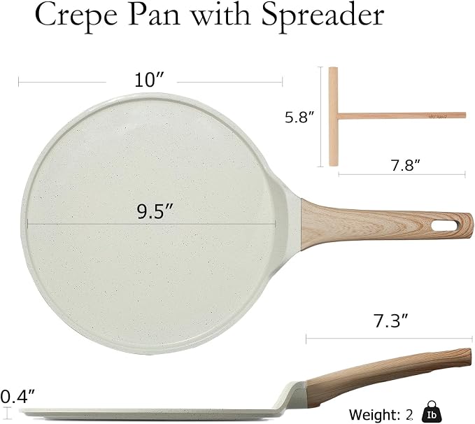ESLITE LIFE 9.5 Inch Crepe Pan with Spreader, Nonstick Ceramic Coating Dosa Pan, Roti Tawa Comal Para Tortillas Pancake Griddle Pan, Induction Compatible, PTFE & PFOA Free, White