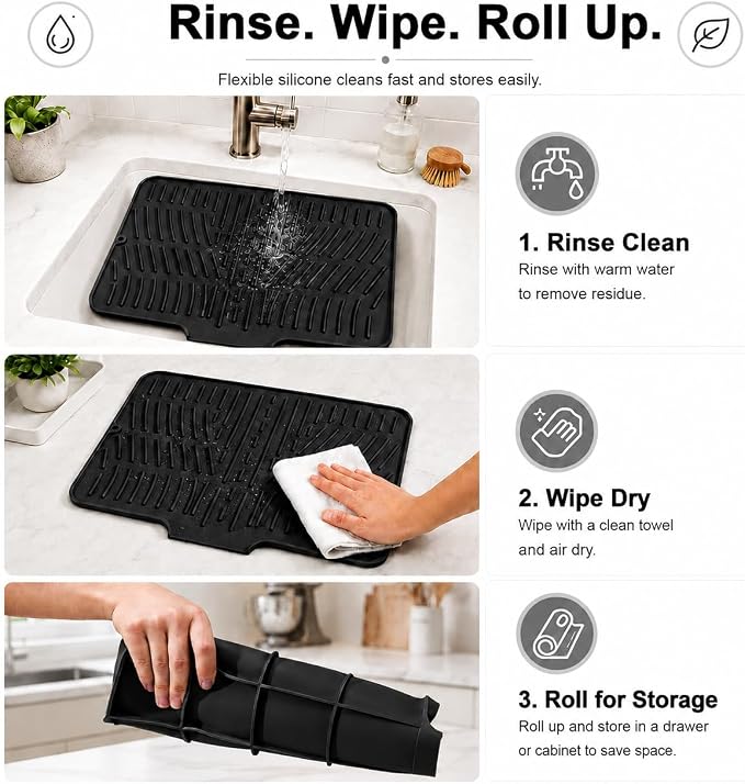 Silicone Dish Drying Mat for Kitchen Counter - Large Dish Drying Pad with Built-in Drain Lip, Heat Resistant Sink Drying Mat for Dishes, Cups and Cookware, BPA Free Black (15.8" x 13") | Raised ridges elevate dishes and create space for water to move a...