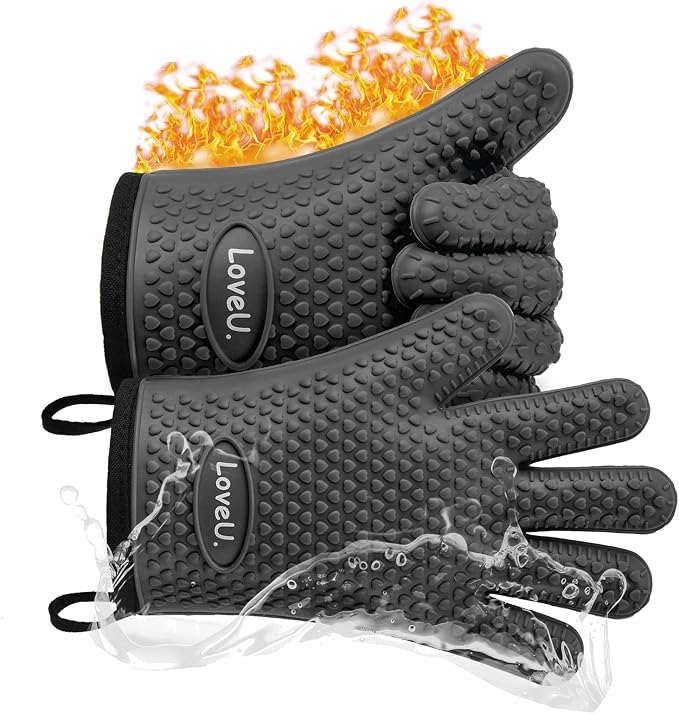 Silicone Oven Mitts Gloves - Heat Resistant, Non-Slip for BBQ, Grilling | 450°F Double-Layer｜Waterproof Kitchen Cooking Barbecue Mittens ｜5 Finger Hot Mitt for Baking, Smoker& Cast Iron(One Size)