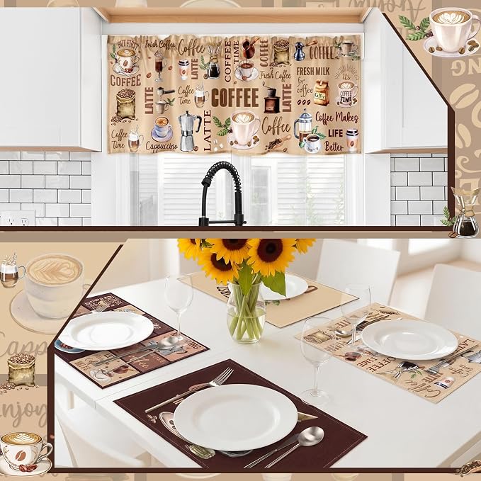 Fourluoo 16 Pcs Coffee Kitchen Decor Set Towels Dishcloths Rug Mitts Brown | Farmhouse Home Kitchen Accessories, Non Slip Rug Mat, Pot Holders Coasters Curtains, Coffee Themed Housewarming Gift