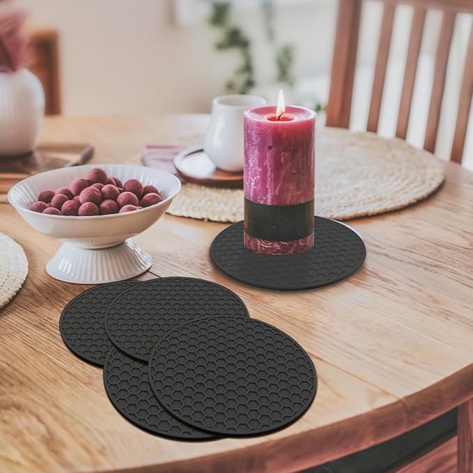 Silicone Non-Slip, Heat Resistant & Water-Trapping Trivet Mats for Water Glasses & Teacup & Coffee Cup & Dishes & Cookware, Multipurpose Kitchen Table Coaster, 3.5-Inch, 5 Pcs, Black