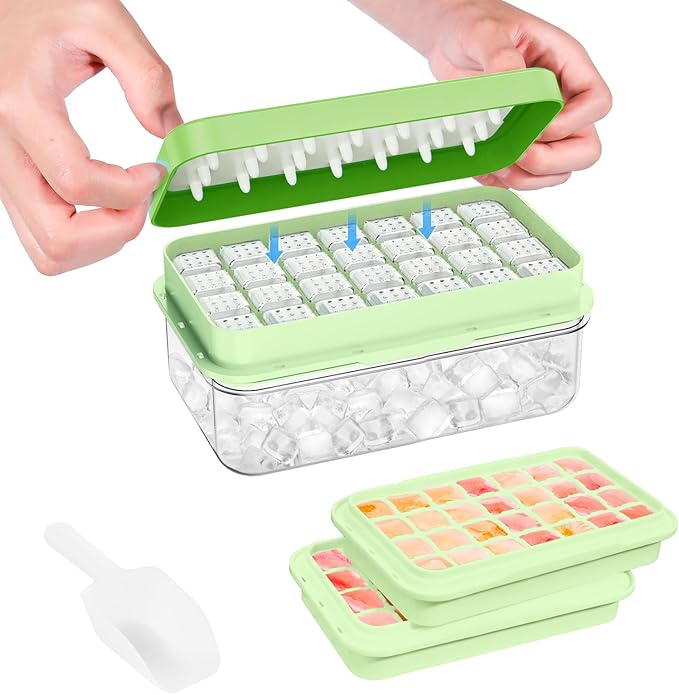 Ice Cube Tray with Lid and Bin, Easy Release 56 Cubes for Freezer | Food-grade BPA-free PP and ABS. Ice cubes for fruit, cocktails, iced coffee. Space-saving stackable with scoop