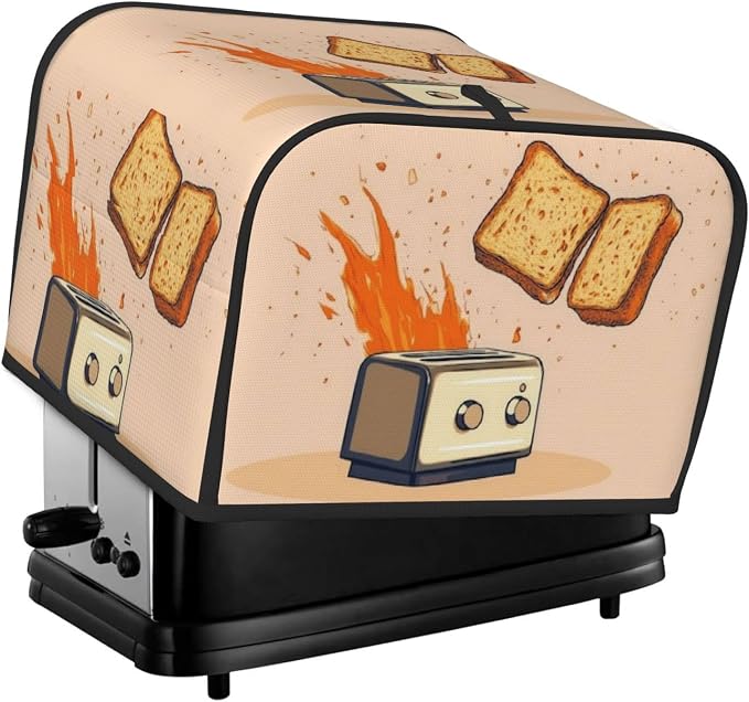Toaster Cover 4 Slice with Cartoon Toast Pattern Dustproof Protection | Waterproof Fingerprint Wide Slot Reusable for Kitchen Small Appliance