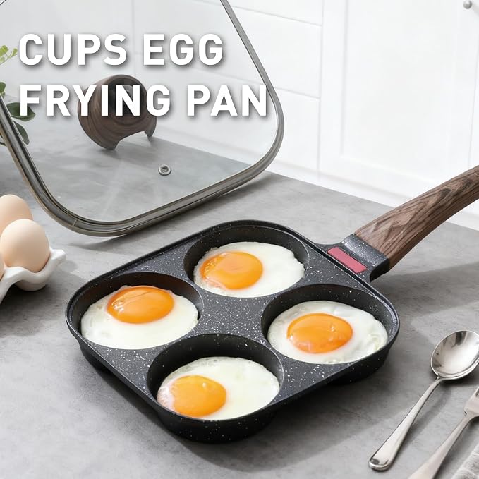 4 Cup Egg Pan with Lid, Nonstick Fried Egg Skillet for Breakfast, Black | Aluminum Non Stick, Bakelite Handle, For Pancake, Burger, Sandwiches, Suitable For Gas Stove & Induction Cooktop