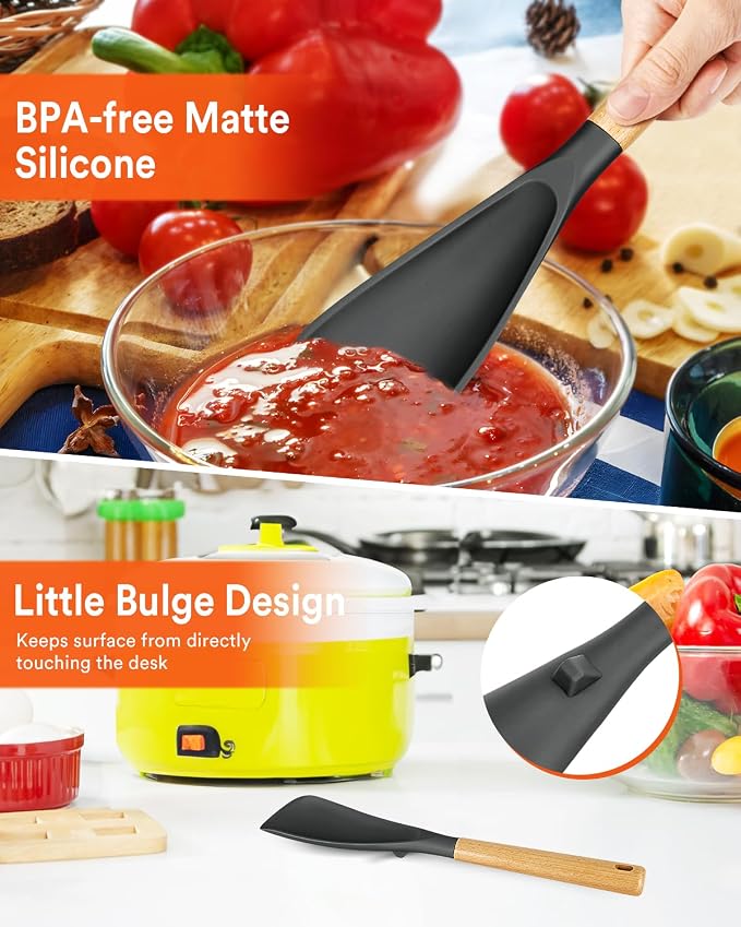 Multifunction Spoon for Nonstick Cookwares, Great for Cooking and Serving, Sturdy BPA-Free Matte Silicone, Wood Handle Spoonula for Mixing, Scoop, and Scrape, Grey(2 pack,11.4" & 13.4")