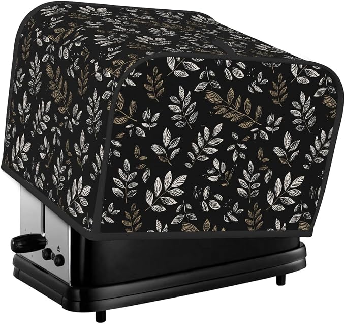 4 Slice Toaster Cover Boho Black Leaf Pattern Dust Proof Washable Kitchen Appliance Cover with Pocket, Oxford Fabric Countertop Toaster Protector for Standard Toasters Small Appliances