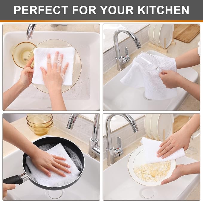 Kitinjoy 100% Cotton Waffle 6-Pack Kitchen Towels, 12" x 12", White | Ultra Absorbent, Super Soft, lightweight, Quick Drying Dish Rags for Washing Dishes