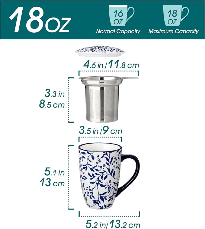 vancasso SELENE Porcelain Tea Mug, 18 oz Porcelain Tea Cup with Infuser and Lid Steeps Loose Leaf Tea, Microwave & Dishwasher Safe, Delicate Floral