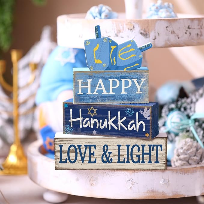 Lineshading 4 Pcs Wooden Hanukkah Decor Farmhouse Blocks with Dreidel | Tiered Tray Display, Rustic Tabletop Signs with HAPPY LOVE LIGHT Text, Home Shelf Decorations, Jewish Holiday Gift
