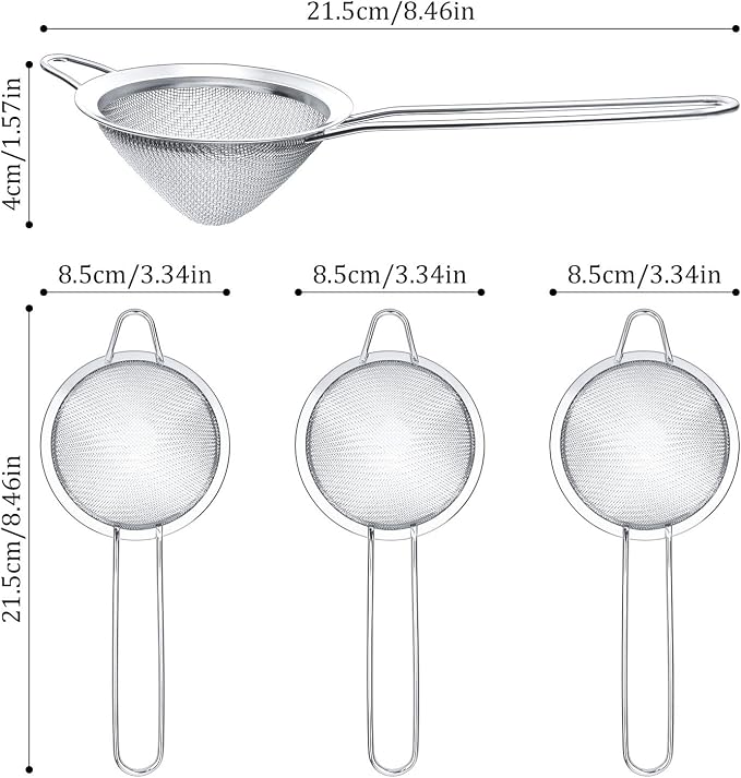 3 Pieces Cocktail Strainer Bar Strainer Fine Mesh Tea Strainer, 3.3 in | Stainless Steel, Small Silver Strainer Practical Bar Colander Tool for Drinks and Loose Leaf Tea, Fits Most Bar Glasses