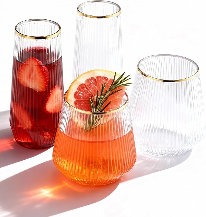 BESTSTAR 48Pack Gold Rim Disposable Ribbed Origami Ripple Plastic Glasses | 24 9 OZ Stemless Champagne Flutes & 24 12OZ Cups, BPA-Free Shatterproof Clear Drinkware for Weddings, Parties & Events