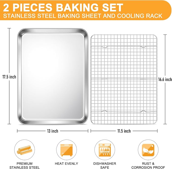 E-far Baking Sheet with Wire Rack Set, 17.6" x 13" (1 Pan +1 Cooling Rack) | Stainless Steel Sheet Pan with Cooling Rack for Oven, Large Metal Bacon Tray for Cooking Roasting, Non-Toxic, Dishwasher Safe