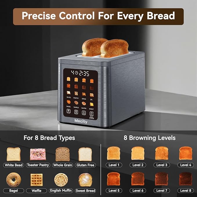 Mecity 2 Slice Smart Touchscreen Toaster, Stainless Steel Wide Slot Toasters with Auto Lift & 30-Minute Warm, Memory Function, Defrost & Auto Shutoff, Digital Electric Bread Toaster for Bagels