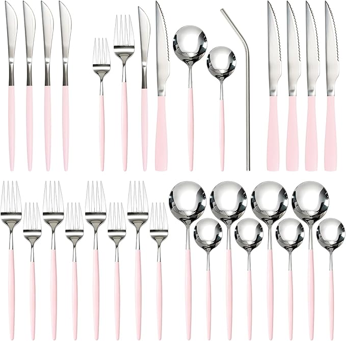 Astercook Silverware Set with Steak Knives 24-Piece Flatware Set for 4 Food-Grade Stainless Steel Pink Cutlery Set Mirror Polished Utensils Set Include Spoons and Forks for Home Kitchen Restaurant