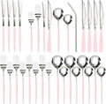 Astercook Silverware Set with Steak Knives 24-Piece Flatware Set for 4 Food-Grade Stainless Steel Pink Cutlery Set Mirror Polished Utensils Set Include Spoons and Forks for Home Kitchen Restaurant