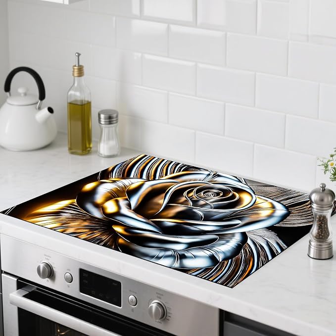 Nuxovilar Stove Top Cover Cooktop Mat 28.3x20.4in Polyester Diatom | Electric Guard Range Countertop Pad Burner Protection Sheet Kitchen Decor Cooking Area Home Styling (Metallic Rose)