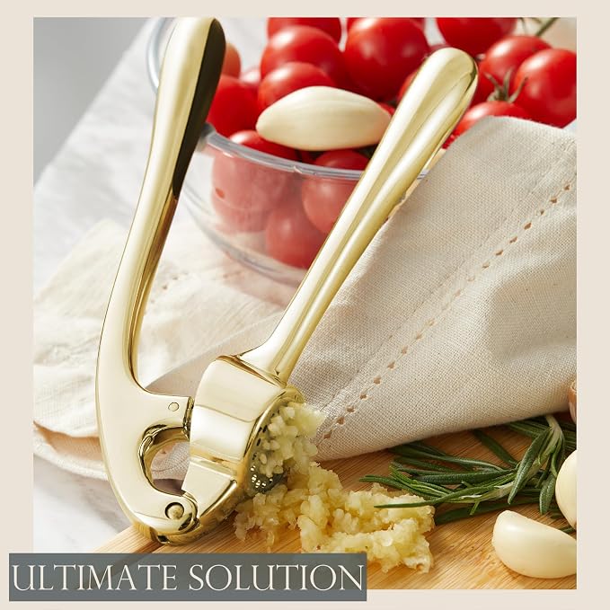 Kitessensu High Effective Garlic Press With Studs, Heavy Duty Garlic Mincer, Easy to Squeeze and Clean, Rust Proof, Ginger Crusher - Golden