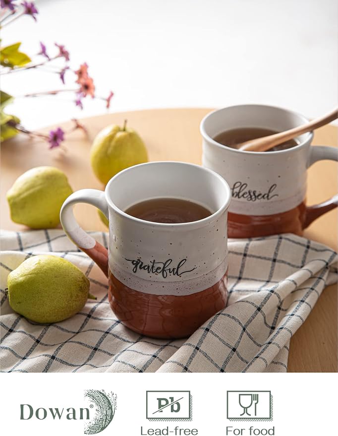 DOWAN 18 oz Large Coffee Mugs, Ceramic Mug Set with Word Blessed Grateful, Big Tea Cup for Office & Home, Thank You Gift for Women Men Mom Dad Christian, 2 Pcs