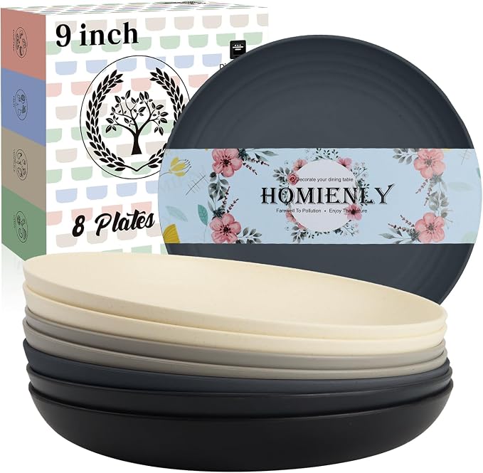 Wheat Straw Plates Set of 8, Reusable Lightweight and Unbreakable 9 inch Plates, Premium Microwave and Dishwasher Safe Plates for Kitchen, Camping, Picnic, Party - GreyStone