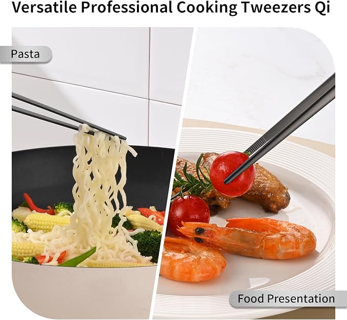DEHOV 12 Inch Stainless Steel Black Cooking Tongs Set of 2, Metal Chef Food Tweezers For Cooking, Long Metal BBQ Tongs For Pasta, Black Pickle Grabber
