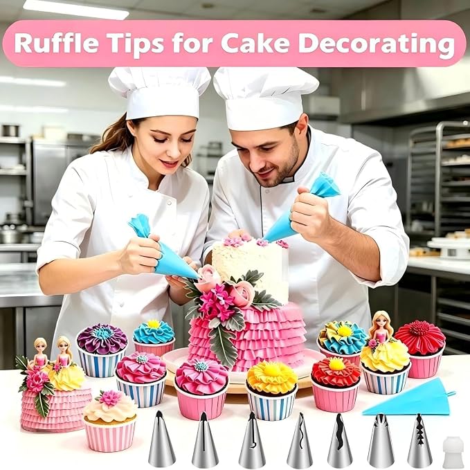 10Pcs Pleated Skirt Ruffle Piping Tips, 304 Stainless Steel Vintage Nozzles with Coupler, Cleaning Brush & Reusable Silicone Piping Bags for Cupcakes, Cookies & Pastry