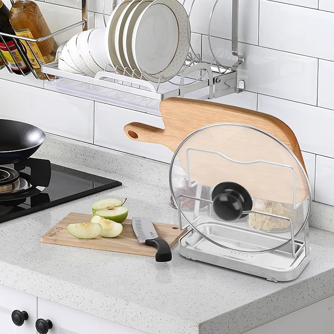 LELE LIFE Pot Lid Holder While Cooking, Pot Lid Organizer 304 Stainless Steel, Pan Cover Spoon Rest and Cutting Board Stand, Pot Lid Rack for Stove Top with Suction Cup & Drip Tray