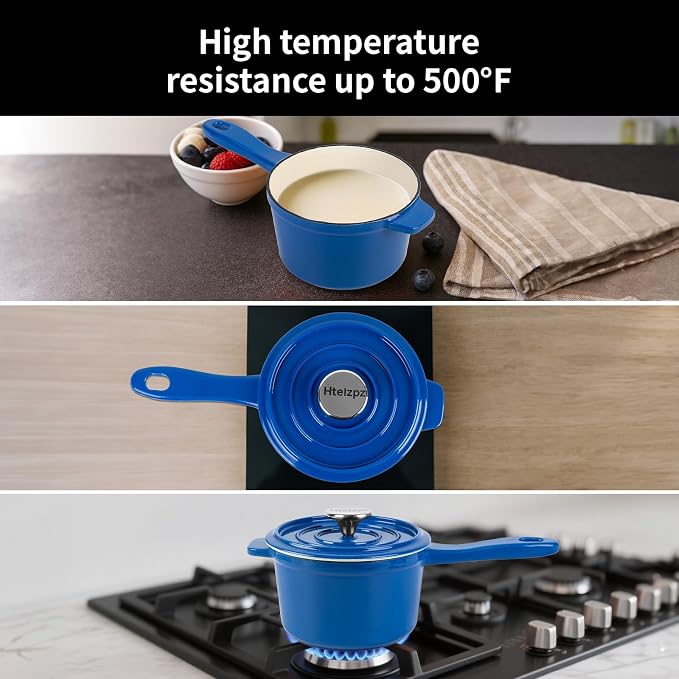 Enameled Cast Iron Sauce Pan with Lid, 1.7 Quart Saucepan with Lid, Small Dutch Oven Pot, Suitable for Small Portions of Soup, Sauces, Oatmeal, Blue
