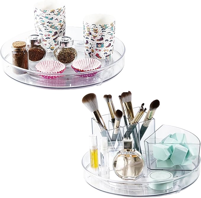 2 Pack Lazy Susan 9.25" Turntable Rotating Spin Organizer Storage | Pantry Organizers and Storage Container Bins Spice Rack Cabinet Condiment for Countertop Kitchen Fridge Bathroom Holder Clear