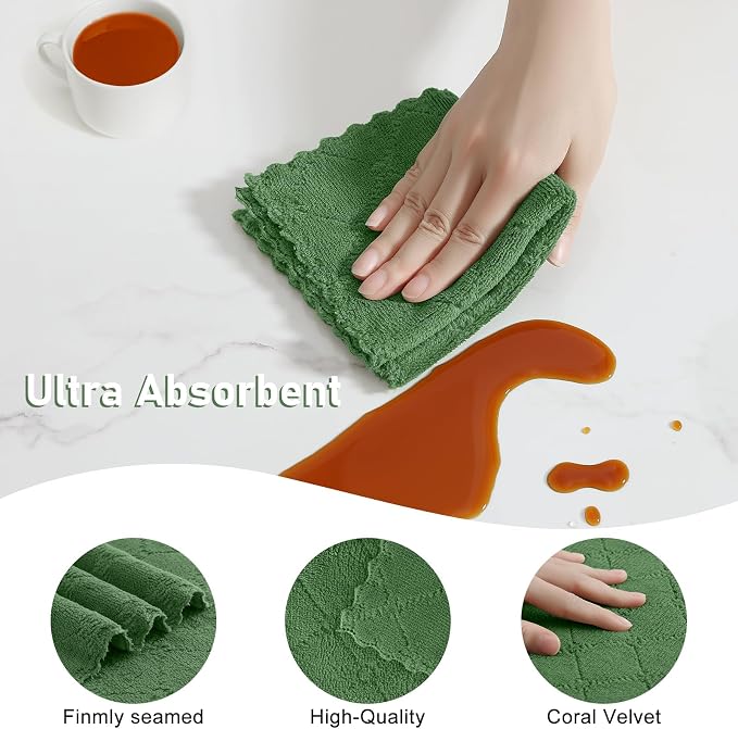 Homaxy Super Soft 12 Pack Kitchen Towels and Dishcloths Set, Grass Green | Ultra-Absorbent, 10 x 10 and 13 x 19 Inches, Coral Velvet, No Lint, Nonstick Oil, Fast Drying, Microfiber Cleaning Cloth