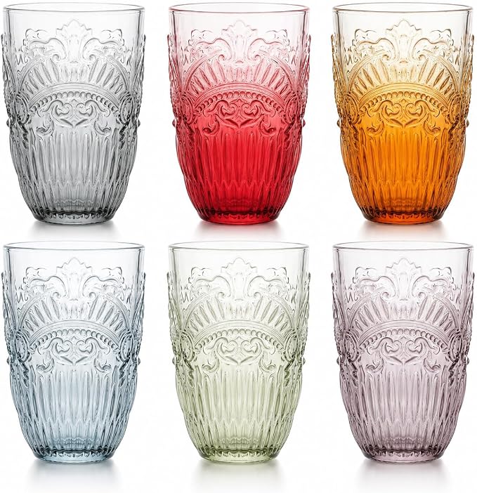 13 OZ 6 Pack Vintage Drinking Glasses Set, Colorful Textured Glass Water Tumblers Cups -Embossed Striped Glassware for Water, Cocktails, Juice, Iced Coffee, Beer(Imperial Arch style)