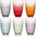 13 OZ 6 Pack Vintage Drinking Glasses Set, Colorful Textured Glass Water Tumblers Cups -Embossed Striped Glassware for Water, Cocktails, Juice, Iced Coffee, Beer(Imperial Arch style)