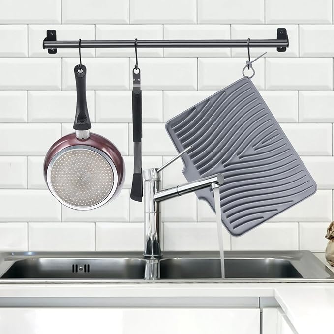 TIKNIK Silicone Dish Drying Mat for Kitchen Counter, Grey-1pcs, 20" x 15" | Heat Resistant & Non-Slip Dish Drain Pad with Built-In Drain, Dishwasher Safe, Quick-Dry, Hangable & Roll-Up for Storage