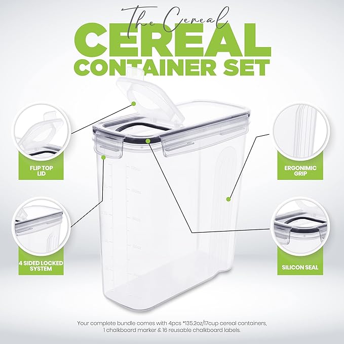 Utopia Kitchen Cereal Containers Storage Set with Lids, 6 Pack, 4L, Clear | Airtight Food Storage Containers with Lids, BPA-Free Cereal Dispensers for Pantry Organization and Storage