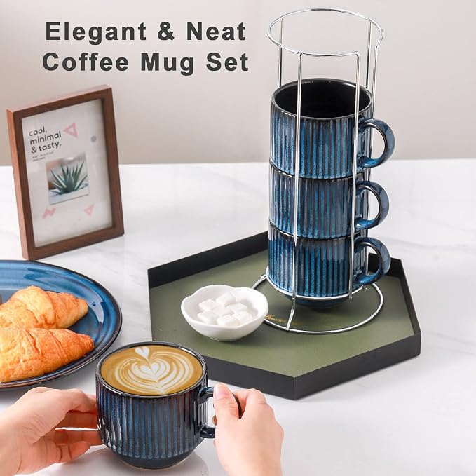 HASENSE 15 Oz Ribbed Stackable Coffee Mug Set of 4, Ceramic Latte Cups with Metal Stand, Dishwasher & Microwave Safe, Navy Blue for Cappuccino Tea Hot Cocoa