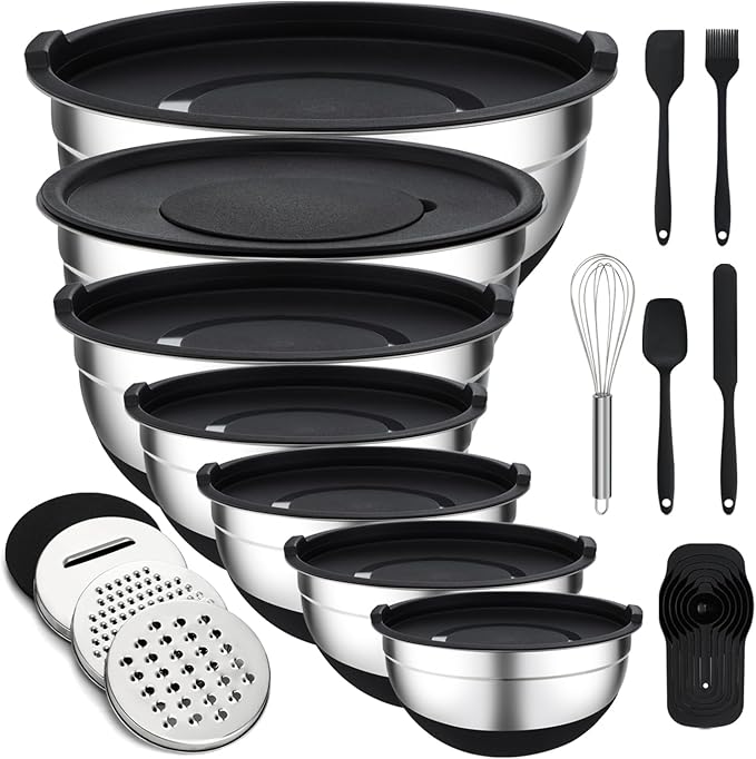 Unokit Mixing Bowls with Lids Set - 7 Pcs Stainless Steel Mixing Bowls Non-Slip Silicone Base Mixing Bowl Set for Kitchen with 3 Grater Attachments