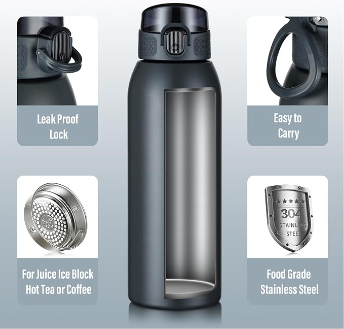 Insulated Water Bottle 24 oz with Dustproof Lid, Carry Handle & Tea Infuser, BPA-Free & Leakproof, Stainless Steel Water Bottles Ideal for Fitness, Hiking, Office & Outdoor Use (Cold Gray)
